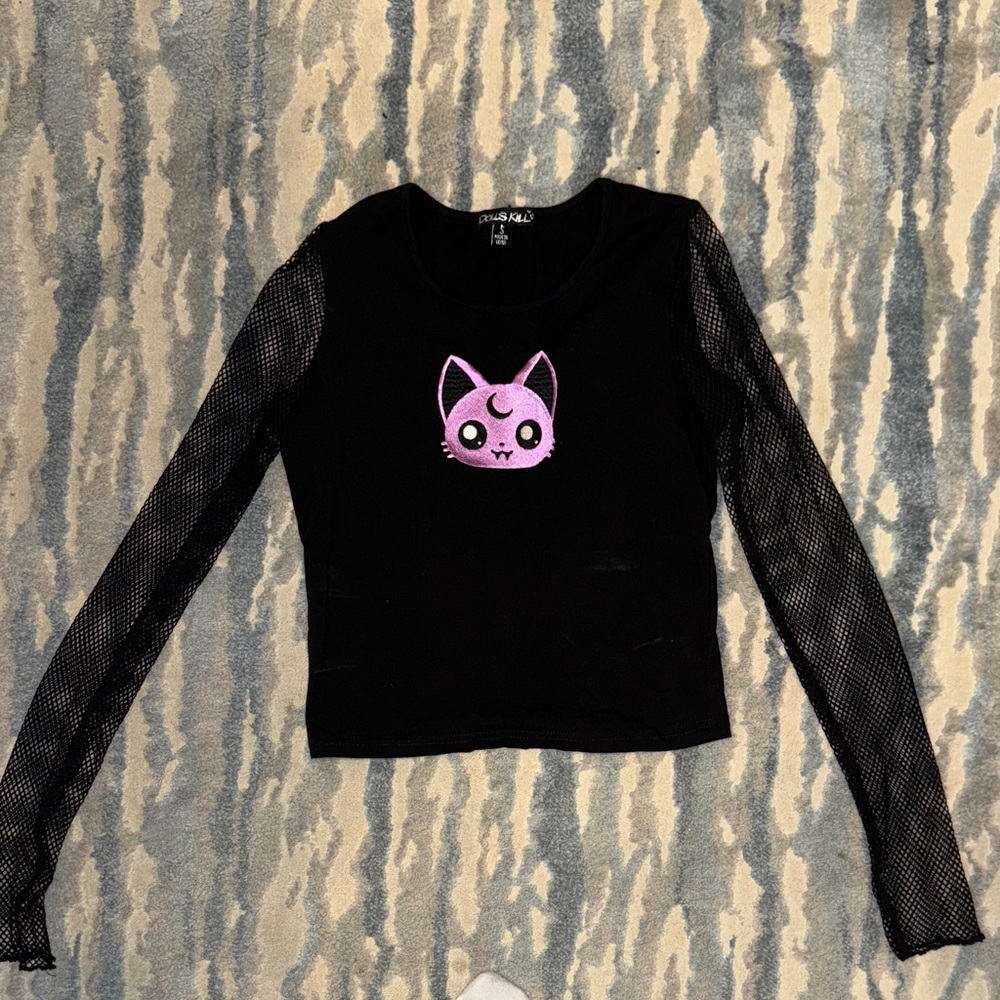 Dolls Kill Black Top with Pink Cat Design